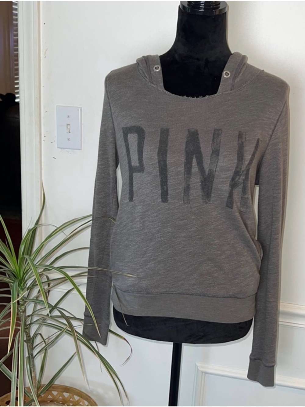 PINK Victoria's Secret Faded Charcoal Gray Hooded Pullover